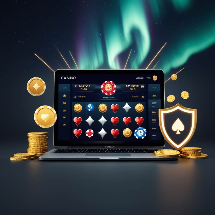 hotloot online casino Finland fast payouts and welcome offer A modern Finnish player at a laptop with aurora colors behind them hotloot online casino theme